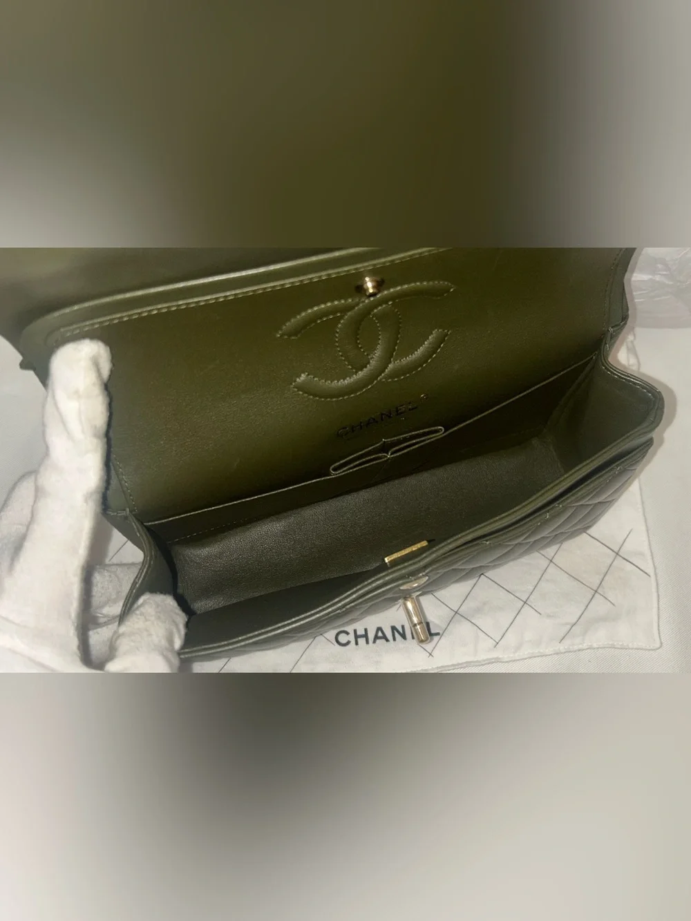 CHANEL Small Classic Double Flap Lambskin Quilted Handbag Olive / Gold Hardware